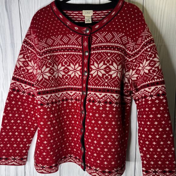 LL Bean Sweater Womens XL/1X Red White Fair Isle Lambswool Button Nordic Knit - Picture 3 of 7